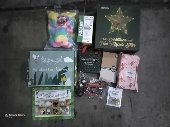 PALLET OF ASSORTED ITEMS INCLUDING CHRISTMAS TREE TOPPER STAR, MINIATURE FAIRY GARDEN KIT, GLASS BABY BOTTLE, SKIPPING ROPE, LETTER F NECKLACE, IPHONE 12 CASE