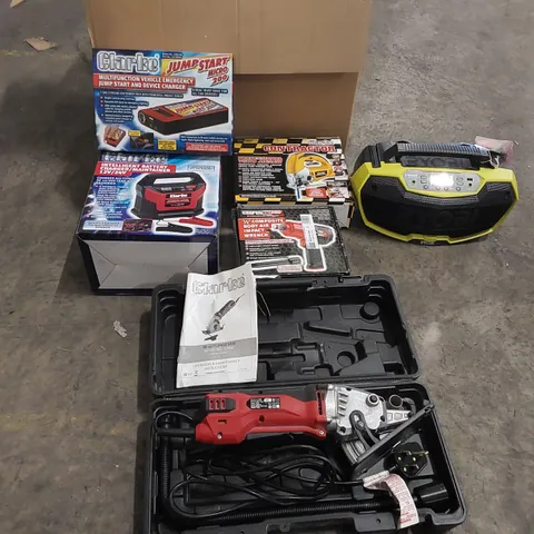 BOX OF RYOBI SPEAKER AND ASSORTED CLARKE TOOLS TO INCLUDE: MULTIFUNCTION JUMP START, PLUNGE SAW, INTELLIGENT BATTERY CHARGER, COMPOSITE BODY AIR IMPACT WRENCH, PROFESSIONAL 750W JIGSAW