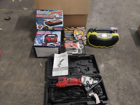 BOX OF RYOBI SPEAKER AND ASSORTED CLARKE TOOLS TO INCLUDE: MULTIFUNCTION JUMP START, PLUNGE SAW, INTELLIGENT BATTERY CHARGER, COMPOSITE BODY AIR IMPACT WRENCH, PROFESSIONAL 750W JIGSAW