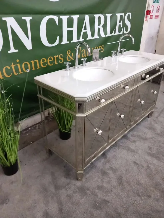 MIRRORED ANTIQUED RIBBED MARBLE TOPPED VANITY UNIT WITH TWO INBUILT BASINS