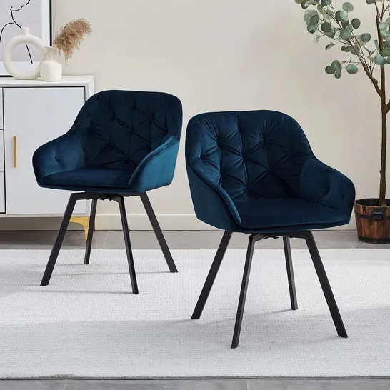 BOXED PAIR OF BUTTON BACK BLUE SOFT VELVET UPHOLSTERED SIDE CHAIRS