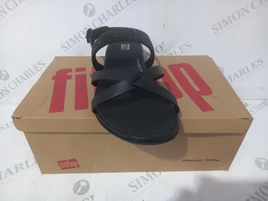 BOXED PAIR OF FITFLOP GRACIE CRYSTAL LEATHER OPEN TOE STRAPPY FLAT SANDALS IN BLACK UK SIZE 8
