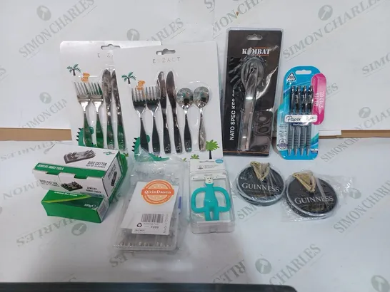 BOX TO CONTAIN APPROXIMATELY 30 ASSORTED HOUSEHOLD PRODUCTS, INCLUDES SEVERAL CUTLERY SETS, PLUMBING PARTS AND PENS ETC 