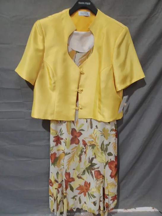 GLITZ 2 PIECE FLORAL DRESS & JACKET IN WHITE/YELLOW - SIZE 22