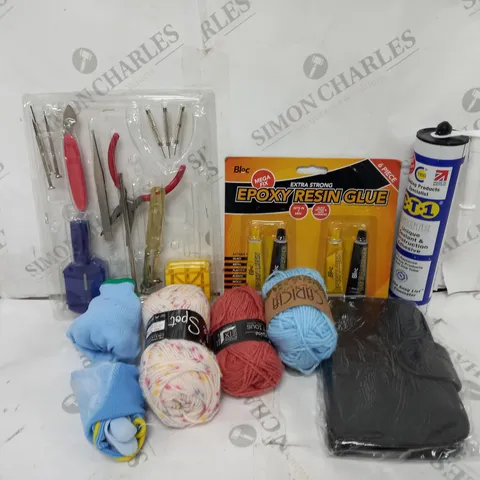 APPROXIMATELY 20 ASSORTED ITEMS INCLUDE EPOXY RESIN GLUE, VARIOUS COURED WOOLS, CT1 ADHESIVE, ETC