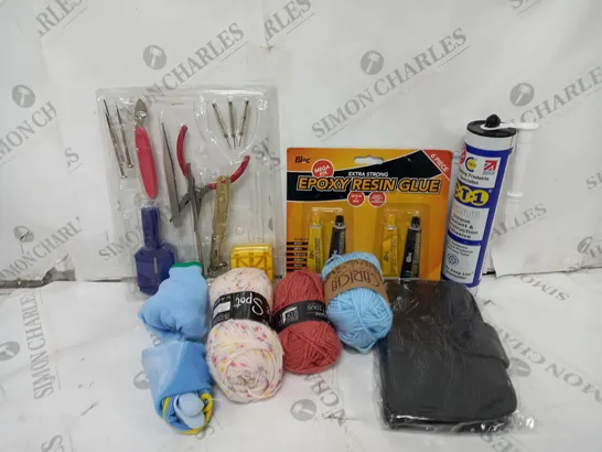 APPROXIMATELY 20 ASSORTED ITEMS INCLUDE EPOXY RESIN GLUE, VARIOUS COURED WOOLS, CT1 ADHESIVE, ETC