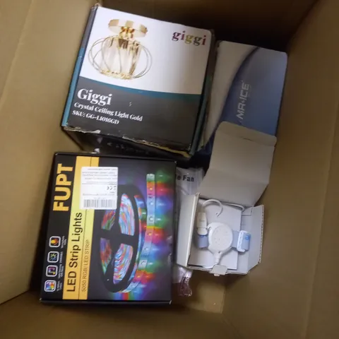 BOX OF APPROXIMATELY 5 ASSORTED ITEMS TO INCLUDE LED STRIPS, RETRACTABLE FAN, CEILING LIGHT ETC