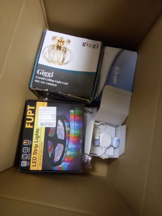 BOX OF APPROXIMATELY 5 ASSORTED ITEMS TO INCLUDE LED STRIPS, RETRACTABLE FAN, CEILING LIGHT ETC