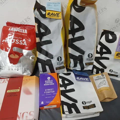 APPROXIMATELY 8 ASSORTES COFFEE & TEA ITEMS TO INCLUDE RAVE N011 SWISS DECAF WATER BLEND WHOLEBEAN COFFEE (1kg), TWININS BLACK TEA CLASSIC COLLECTION, LAVAZZA QUALITA ROSSA COFFEE BEANS (1kg), ETC