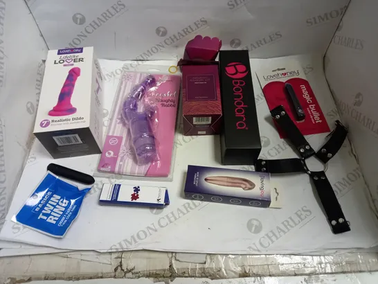 LOT OF APPROX 10 ASSORTED ADULT ITEMS TO INCLUDE DILDOS, VIBRATORS, COCK RINGS ETC