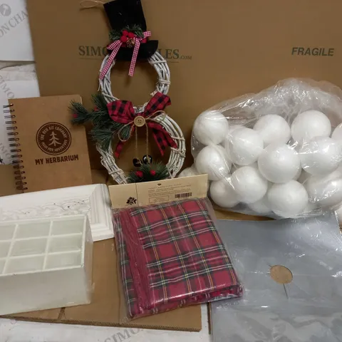 BOX OF APPROX 5 ITEMS TO INCLUDE CHRISTMAS DECORATION, POLYSTYRENE BALLS, TARTAN TABLE CLOTH