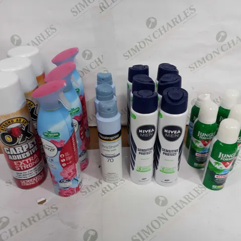 LOT OF APPROX 20 ASSORTED AEROSOLS TO INCLUDE BUG REPELLENT, BODY SPRAY, AIR SPRAY ETC