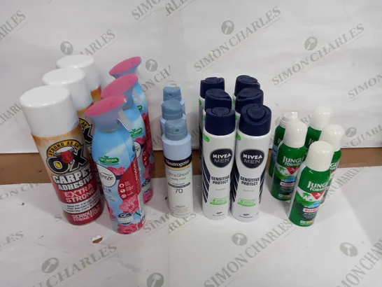 LOT OF APPROX 20 ASSORTED AEROSOLS TO INCLUDE BUG REPELLENT, BODY SPRAY, AIR SPRAY ETC