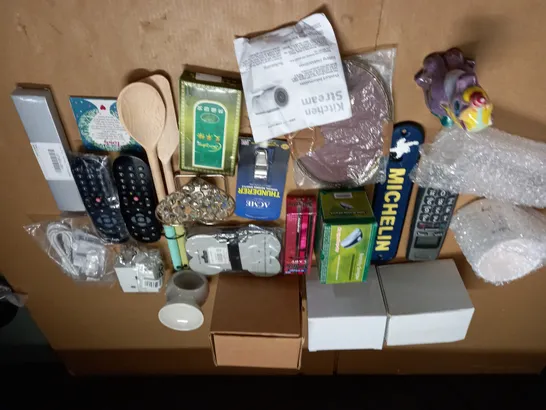 LOT OF ASSORTED HOUSEHOLD ITEMS TO INCLUDE BOXED CUPS, METAL MICHELIN SIGN, VARIOUS REMOTES AND REFEREE WHISTLE