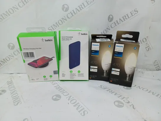 4 ASSORTED ITEMS TO INCLUDE BELKIN BOOST CHARGE POWER BANK, BELKIN WIRELESS CHARGING PAD, AND PHILIPS HUE WHITE 470 E14 BULBS 