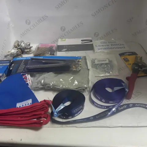 LOT OF ASSORTED HOUSEHOLD GOODS TO INCLUDE STEEL ICE TONGS, PLASTIC STAPLER, AND PERFECT PET RIBBON ETC.