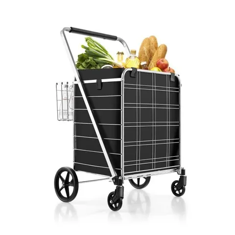 BOXED COSTWAY 27.5 GALLON JUMBO FOLDING SHOPPING CART WITH WATERPROOF LINER & DOUBLE BASKET