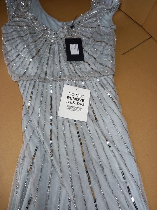 DESIGNER GREY/SEQUIN AND BEAD DETAILED STATEMENT OCCASION DRESS - SIZE 10