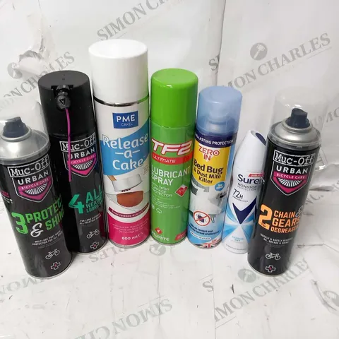 APPROXIMATELY 16 ASSORTED AEROSOL SPRAYS TO INCLUDE; MUC-OFF, PME CAKE, TF2, ZERO IN AND SURE