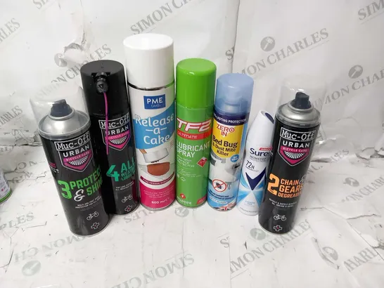 APPROXIMATELY 16 ASSORTED AEROSOL SPRAYS TO INCLUDE; MUC-OFF, PME CAKE, TF2, ZERO IN AND SURE