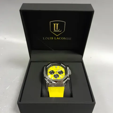 MENS LOUIS LACOMBE CHRONGRAPH WATCH – 3 SUB DIALS – GOLD COLOUR CASE – YELLOW RUBBER STRAP