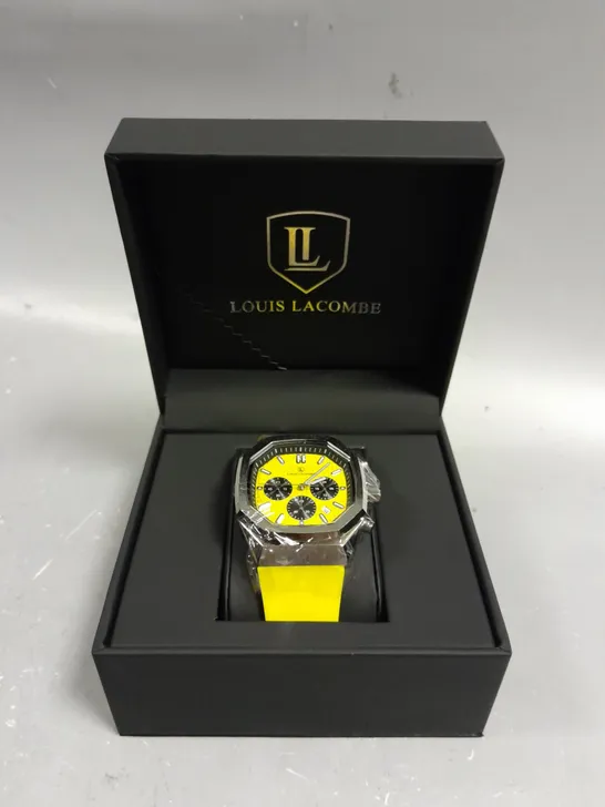 MENS LOUIS LACOMBE CHRONGRAPH WATCH – 3 SUB DIALS – GOLD COLOUR CASE – YELLOW RUBBER STRAP