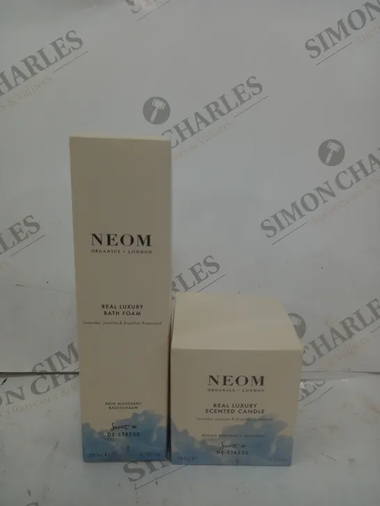 SET OF 2 ASSORTED NEOM ITEMS TO ITEMS - REAL LUXURY SCENTED CANDLE - REAL LUXURY BATH FOAM 