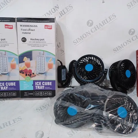 BOX OF APPROX 5 ITEMS TO INCLUDE - DESK FANS IN BLACK - HOCKEY POT ICE CUBE MAKER -  SPRAYER ECT