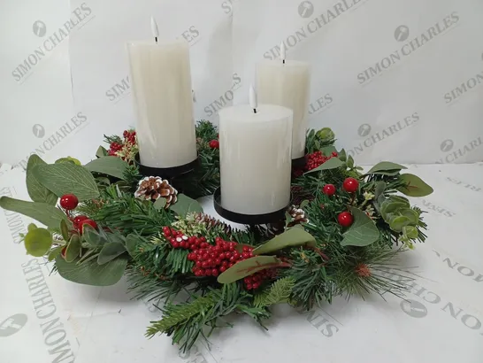 HOME REFLECTIONS 3 IN 1 FLAMELESS CANDLE WITH WREATH SET RED BERRY