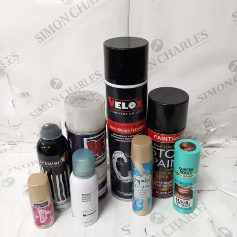 APPROXIMATELY 25 ASSORTED AEROSOL SPRAYS TO INCLUDE; VELOX, PAINT FACTORY, L'OREAL, IMPULSE, BRAVA AND MALLABAND