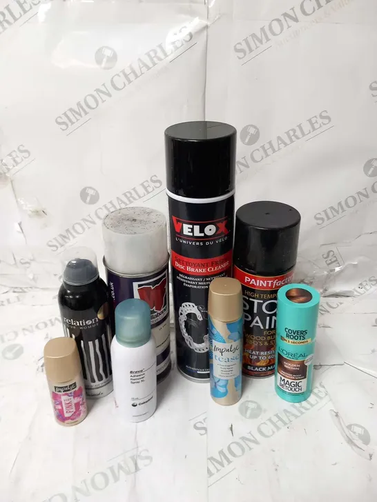 APPROXIMATELY 25 ASSORTED AEROSOL SPRAYS TO INCLUDE; VELOX, PAINT FACTORY, L'OREAL, IMPULSE, BRAVA AND MALLABAND