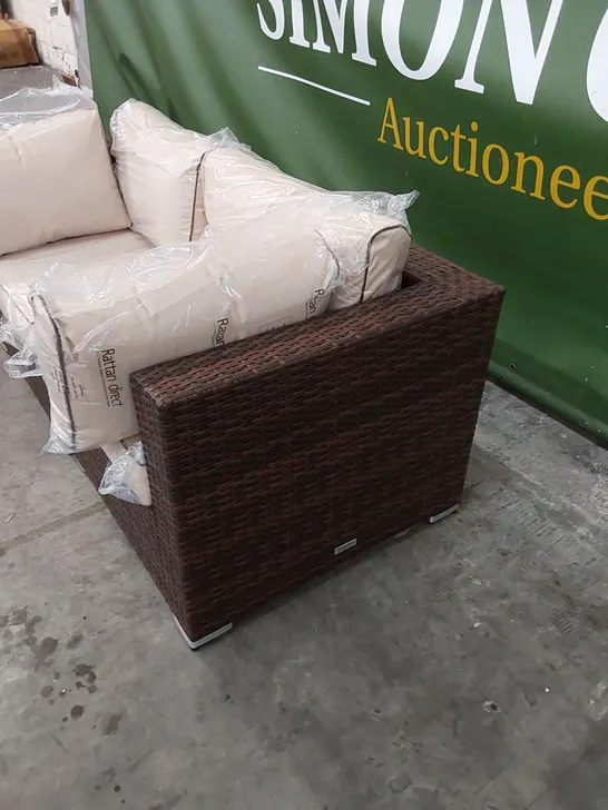 DESIGNER RATTAN 2 SEATER GARDEN/PATIO SOFA IN CHOCOLATE MIX AND COFFEE CREAM COLOUR WITH CUSHIONS
