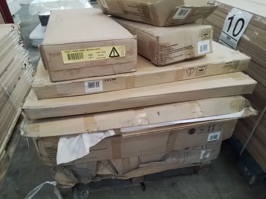 PALLET OF ASSORTED BOXED FURNITURE PARTS,INCLUDING TABLE TOPS, CONSOLE TABLE, TABLE PEDESTAL 