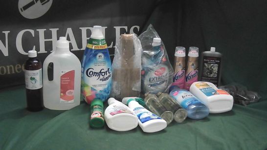 LOT OF ASSORTED HOME LIQUIDS TO INCLUDE CARPET AND UPHOLSTERY CLEANER, OLIVE TREE FEED, MOSQUITO SPRAY