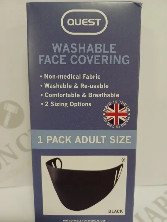 BOX OF APPROXIMATELY 50 QUEST WASHABLE FACE COVERINGS