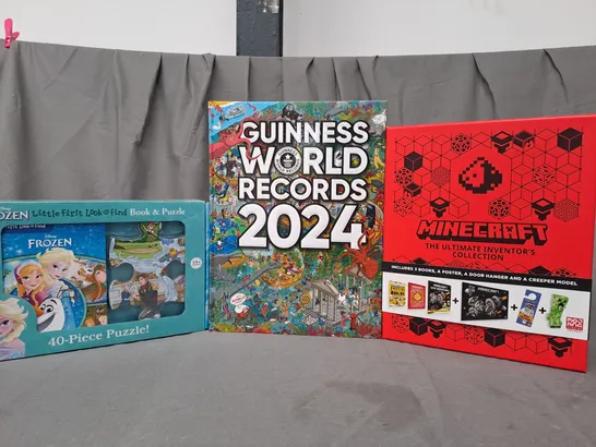 BOX OF APPROXIMATELY 10 ASSORTED BOOKS TO INCLUDE DISNEY FROZEN BOOK & PUZZLE, GUINNESS WORLD RECORDS 2024, MINECRAFT THE ULTIMATE INVENTOR'S COLLECTION, ETC