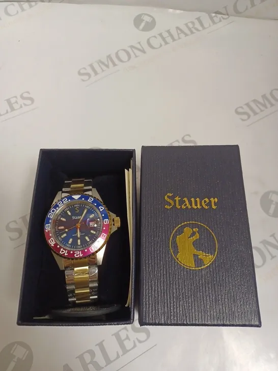 BOXED STAUER GENTS TIGER SHARK DIVE WATCH STAINLESS STEEL - RED & BLUE