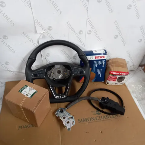 LOT OF ASSORTED VEHICLE ITEMS TO INCLUDE STEERING WHEEL, AIR FILTER AND NUT SOCKET