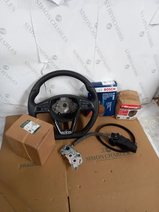 LOT OF ASSORTED VEHICLE ITEMS TO INCLUDE STEERING WHEEL, AIR FILTER AND NUT SOCKET
