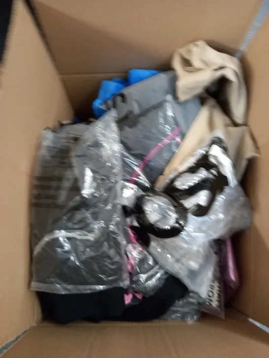 BOX OF ASSORTED CLOTHING ITEMS TOO INCLUDE JUMPERS, SHIRTS AND TROUSERS IN VARIOUS SIZES AND COLOURS   