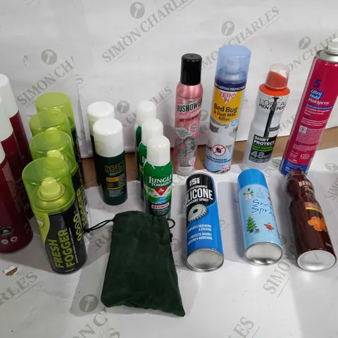 LOT OF APPROX 20 ASSORTED AEROSOLS TO INCLUDE AIR SPRAY, INSECT REPELLENT, HAIRSPRAY ETC