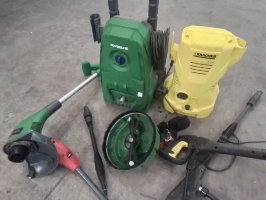 LOT OF ASSORTED GARDEN CARE TOOLS INCLUDES FLYMO HEDGE TRIMMERS, GRASS CUTTERS, PRESSURE WASHERS AND POLE TRIMMER