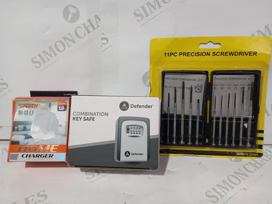 LOT OF APPROXIMATELY 10 ASSORTED HOUSEHOLD ITEMS TO INCLUDE COMBINATION KEY SAFE, HOME CHARGER, 11PC PRECISION SCREWDRIVER, ETC