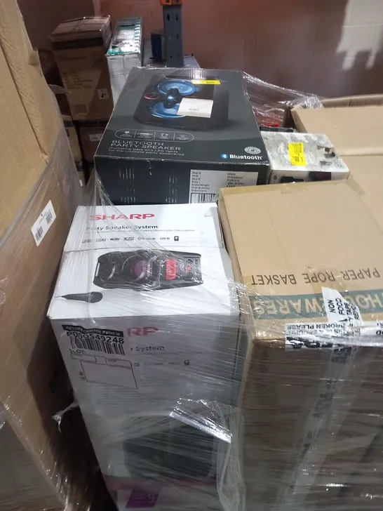 PALLET OF ASSORTED ELECTRICAL PRODUCTS AND ACCESSORIES TO INCLUDE; BLUETOOTH PARTY SPEAKER, SHARP PARTY SPEAKER, POLAROID DAB RADIO, ONE FOR ALL UNIVERSAL REMOTE AND ROKU EXPRESS