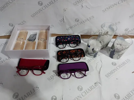 BOX OF APPROX 6 ASSORTED ITEMS TO INCLUDE SEVERAL GLASSES IN VARIUS DESIGNS, SET OF 3 PEACOCK PRINTED LED CANDLES, SET OF 5 FLAME CANDLES, ETC.