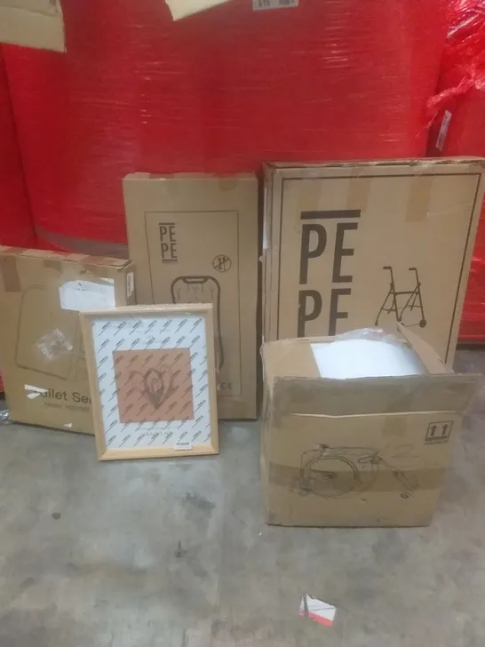 PALLET OF ASSORTED ITEMS INCLUDING TOILET SEAT, MOBILITY WALKER, BATH TRANSFER BOARD, PICTURE FRAME