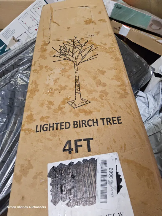 PALLET OF ASSORTED ITEMS TO INCLUDE, LIT 4' BIRCH TREE, TOILET SEAT, OFFICE CHAIR WHITE/MESH, GARDEN PLANTER, CLOTHES RACK,