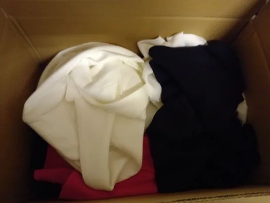 BOX OF APPROX. 10 CLOTHING ITEMS TO INCLUDE JACKETS AND TOPS  IN VARIOUS COLOURS AND SIZES 