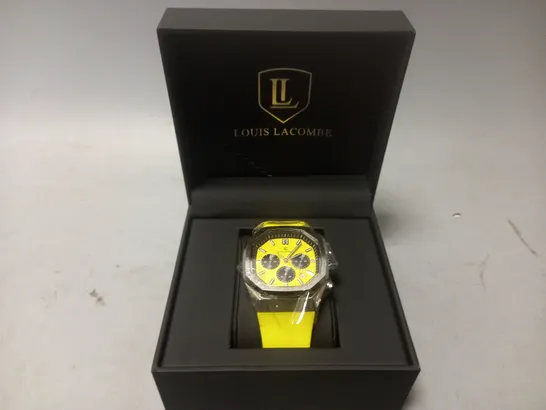 MENS LOUIS LACOMBE CHRONGRAPH WATCH – 3 SUB DIALS – YELLOW RUBBER STRAP