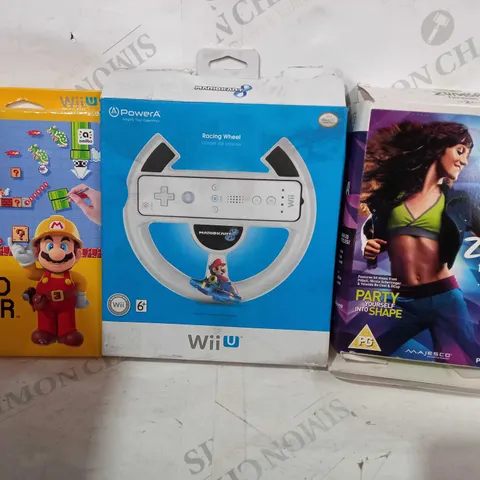 BOX OF APPROXIMATELY 10 ASSORTED NINTENDO WII ITEMS TO INCLUDE ZUMBA FITNESS 2, RACING WHEEL, SUPER MARIO MAKER, ETC